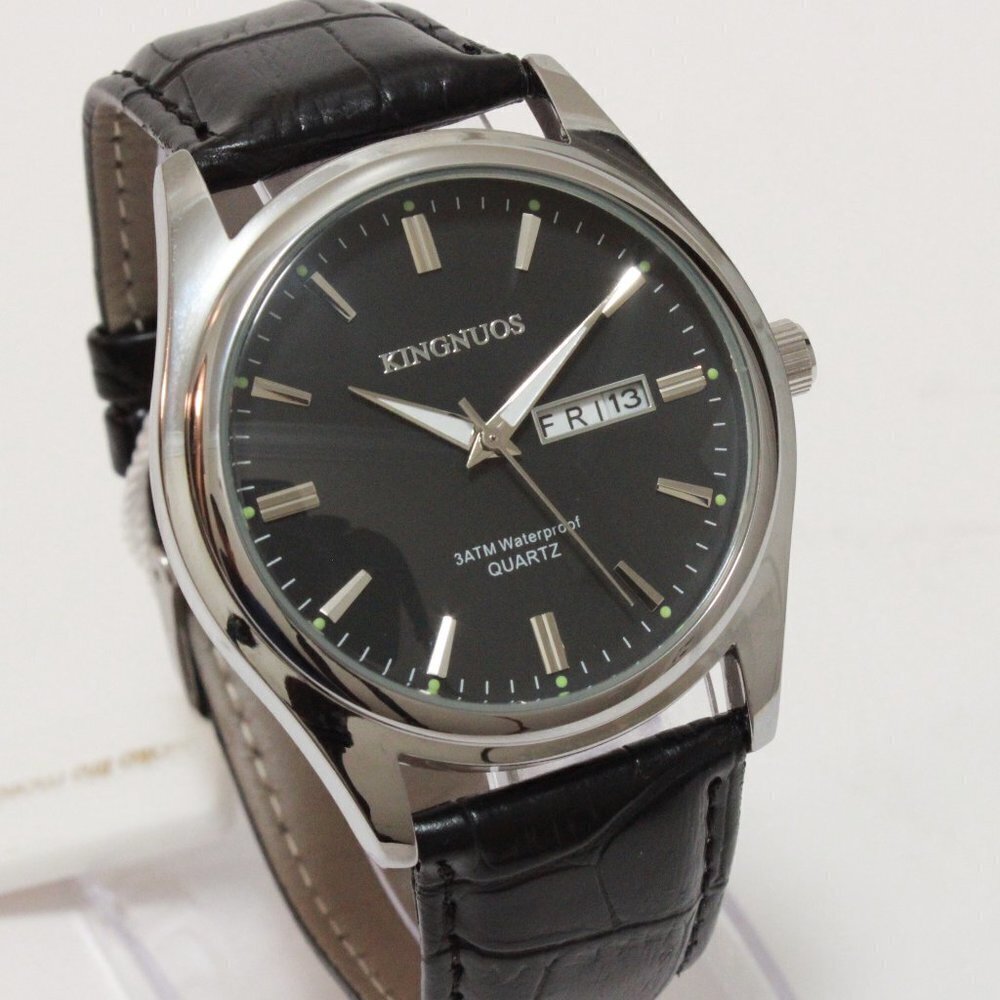 Men's Contemporary Dress Watch Silver Case Black Leather Watch Strap 40mm - Picture 5 of 13